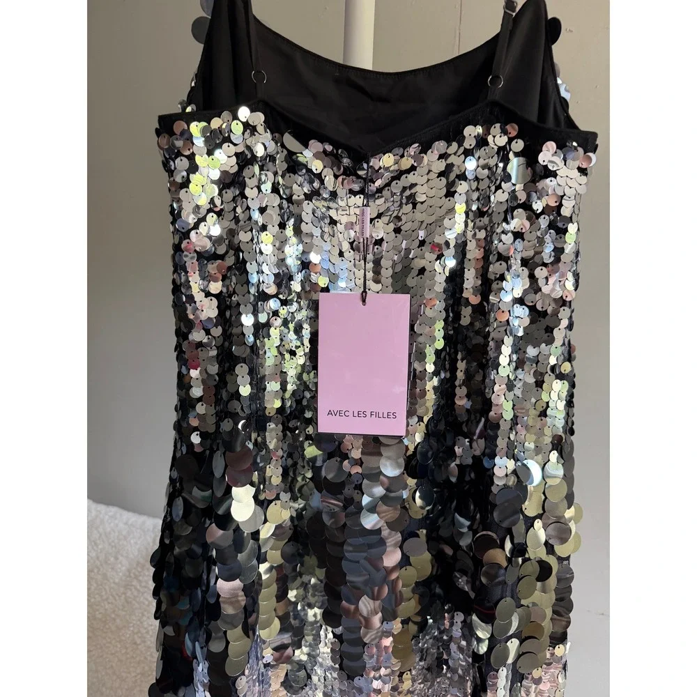 $290 NWT Avec Les Filles Sequin Midi Dress Silver Black Adjustable Straps Slit